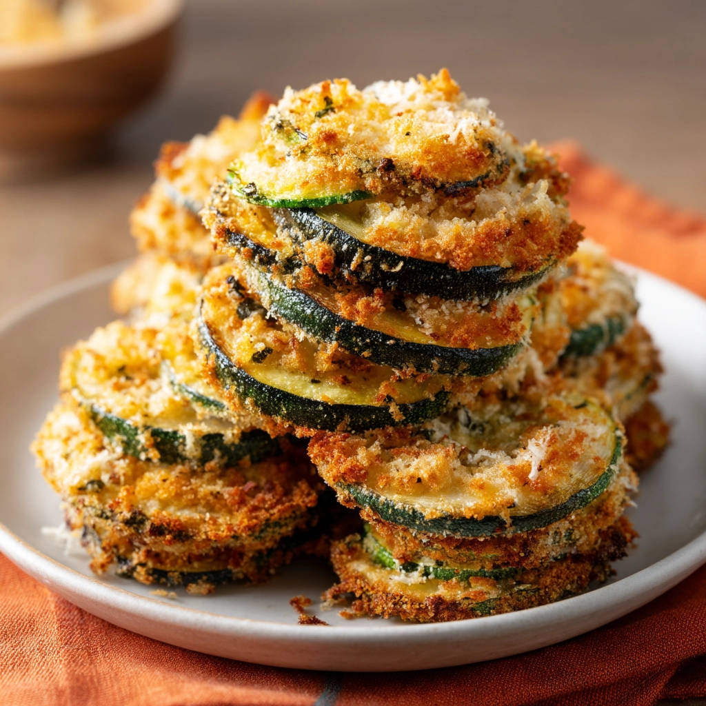 Crispy zucchini stacks, a close-up view showcasing the golden-brown breaded layers and tender zucchini slices.