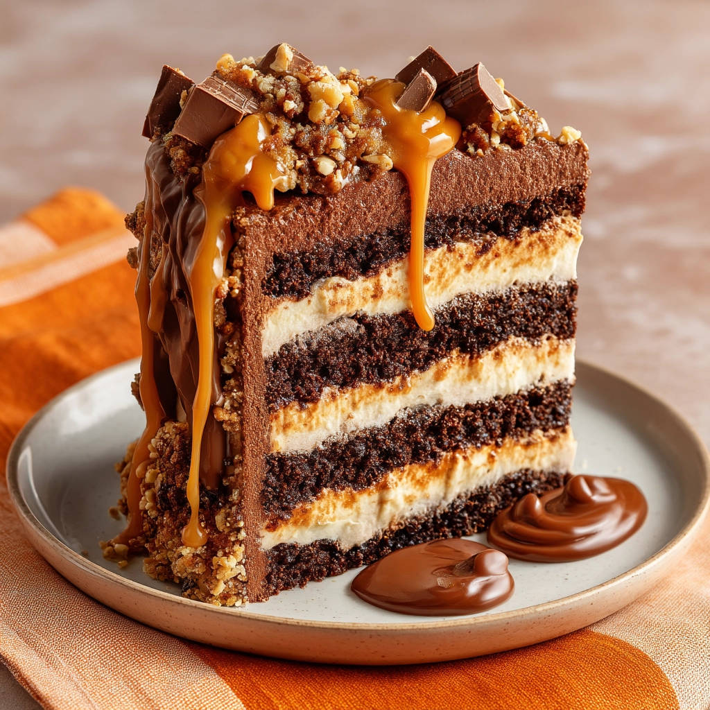Decadent chocolate caramel layer cake shown as a close-up cross-section slice with dripping caramel and chocolate chunks.
