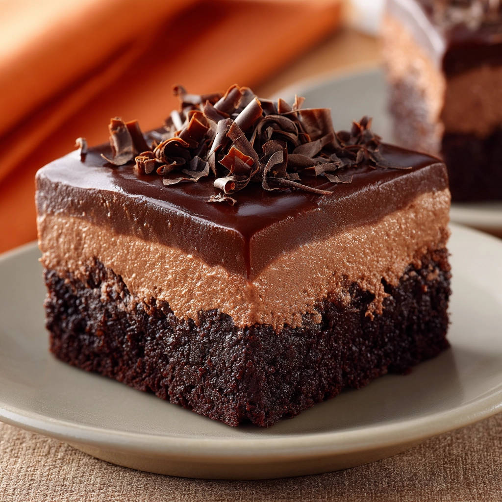 Decadent chocolate layer cake cross-section showing rich chocolate brownie, mousse, and ganache layers.