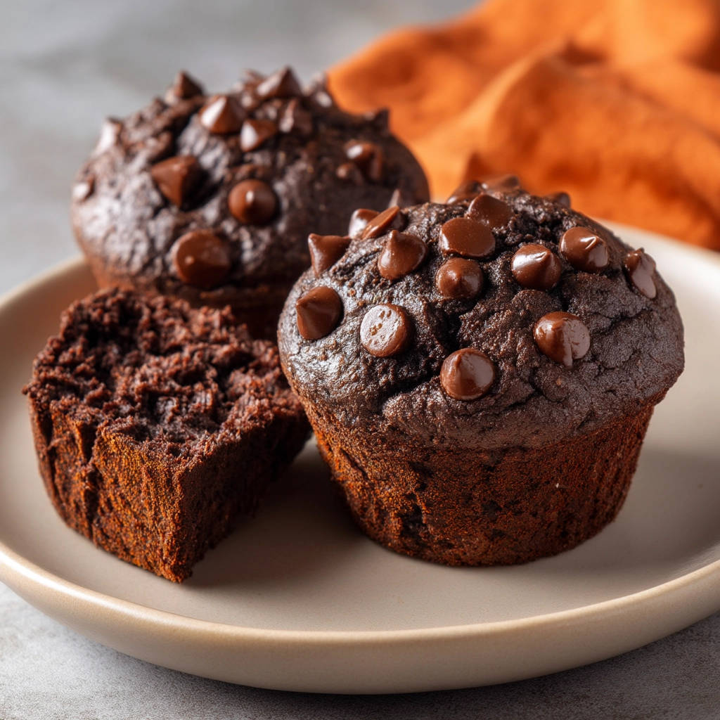 Double chocolate muffins with a close-up cross-section revealing a rich, moist crumb dotted with chocolate chips.