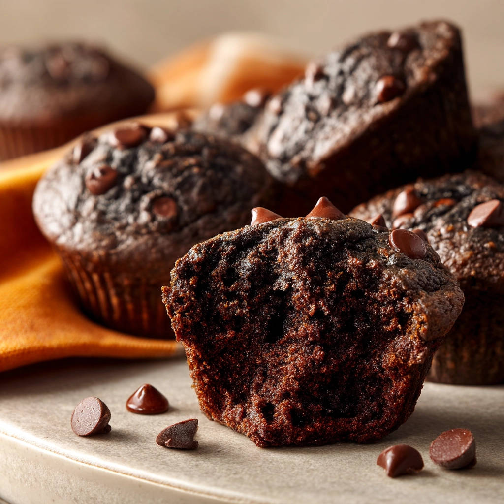 Double chocolate muffins with a close-up cross-section showing a moist, rich interior texture.