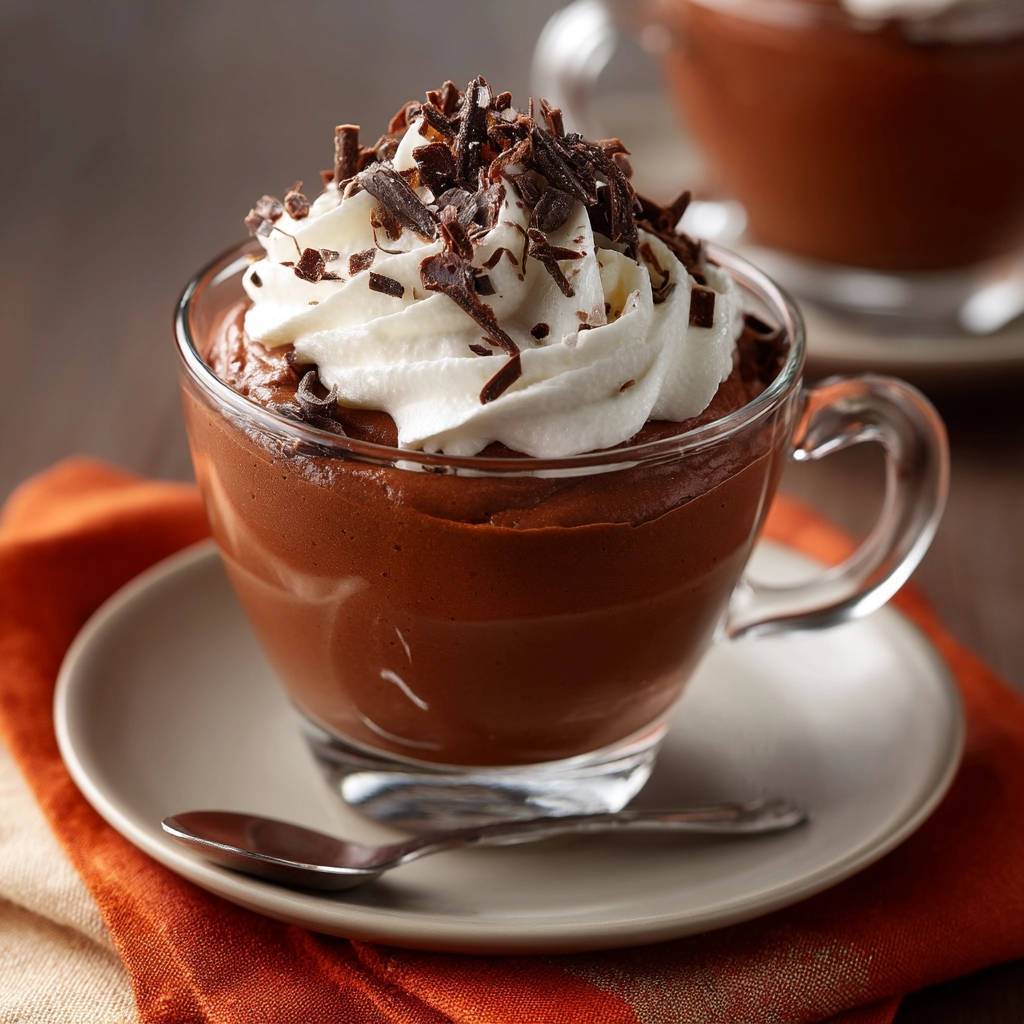 Dreamy chocolate mousse topped with fluffy whipped cream and dark chocolate shavings in a clear glass cup.