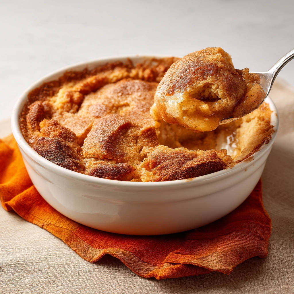 Easy apple cobbler with a spoonful being lifted, showing the tender baked fruit and topping.
