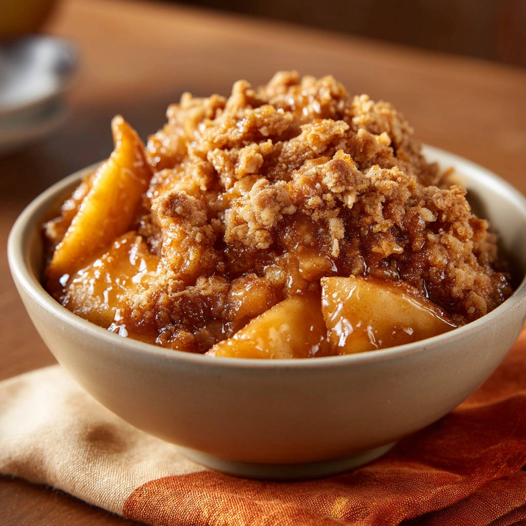 Easy apple crumble served in a bowl, showing a close-up of the tender baked apple filling and crumb topping.