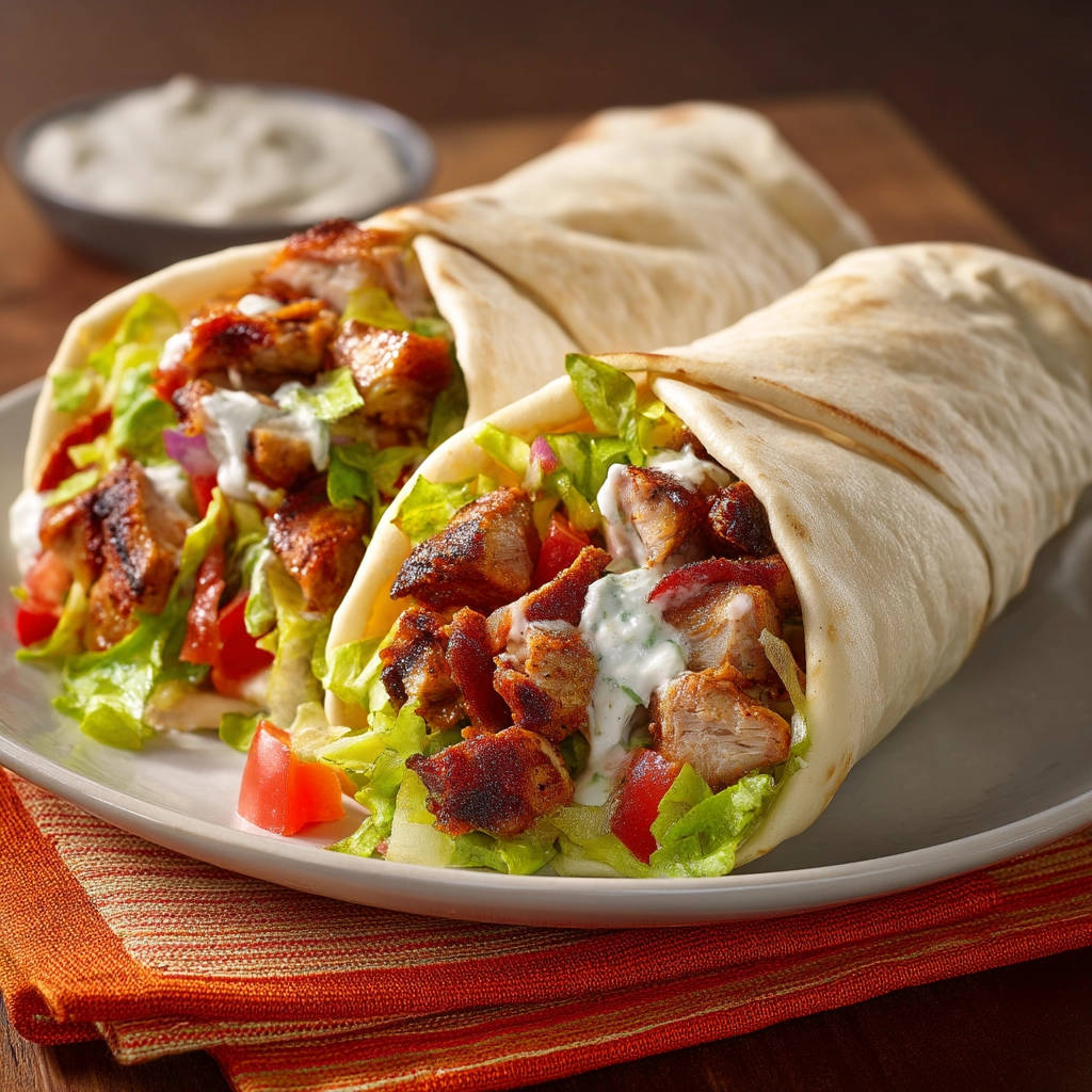 Easy chicken wraps plated on a white dish, showcasing the filling of grilled chicken, lettuce, tomatoes, and creamy sauce in a side view.