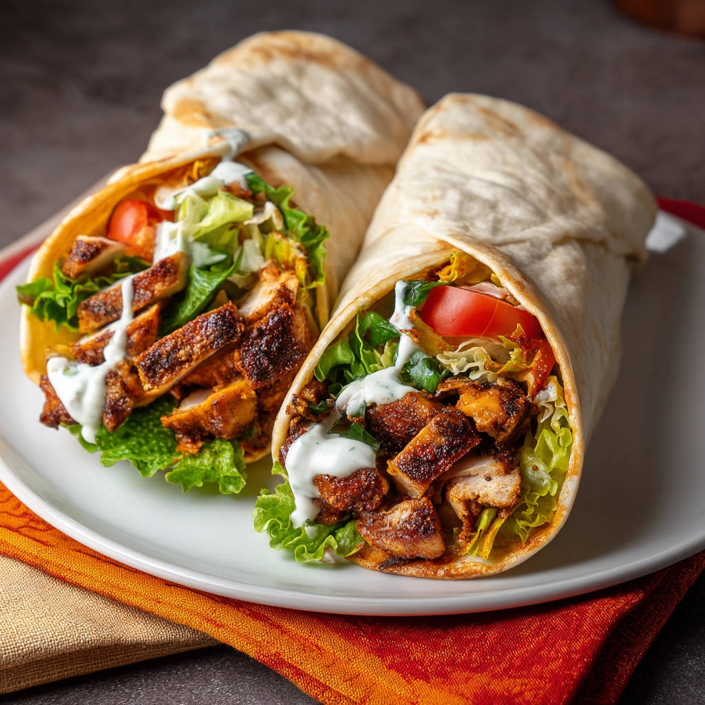 Easy chicken wraps plated and served with a creamy sauce, showcasing the fresh ingredients inside.