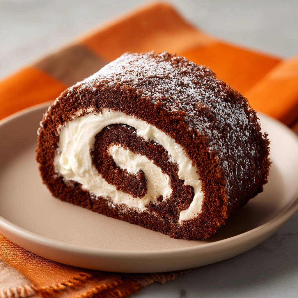 Easy Chocolate Cake Roll shown in a close-up cross-section with creamy white filling and dusted with powdered sugar.