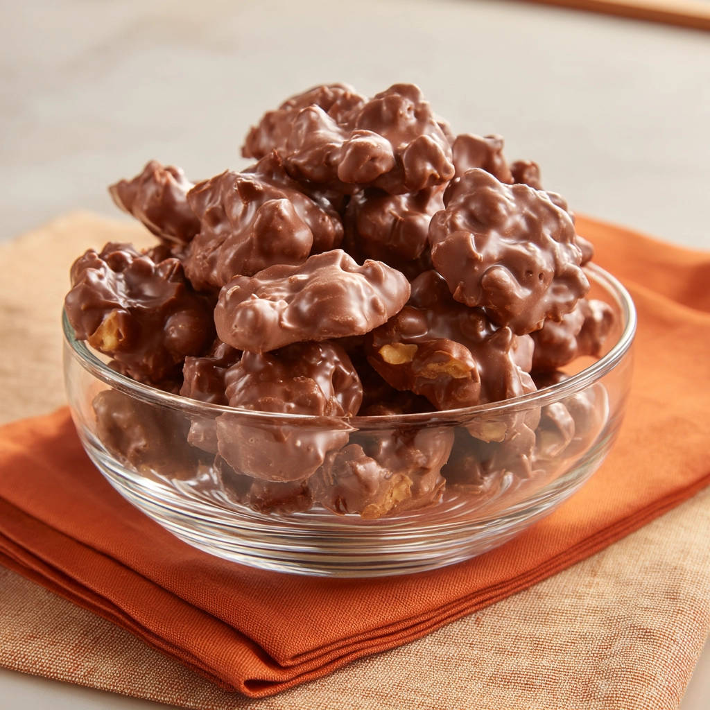 Easy chocolate clusters piled high in a clear glass bowl, showcasing their bumpy texture.