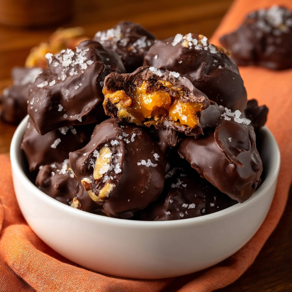 Easy chocolate clusters showing a gooey caramel and nut center, sprinkled with sea salt.