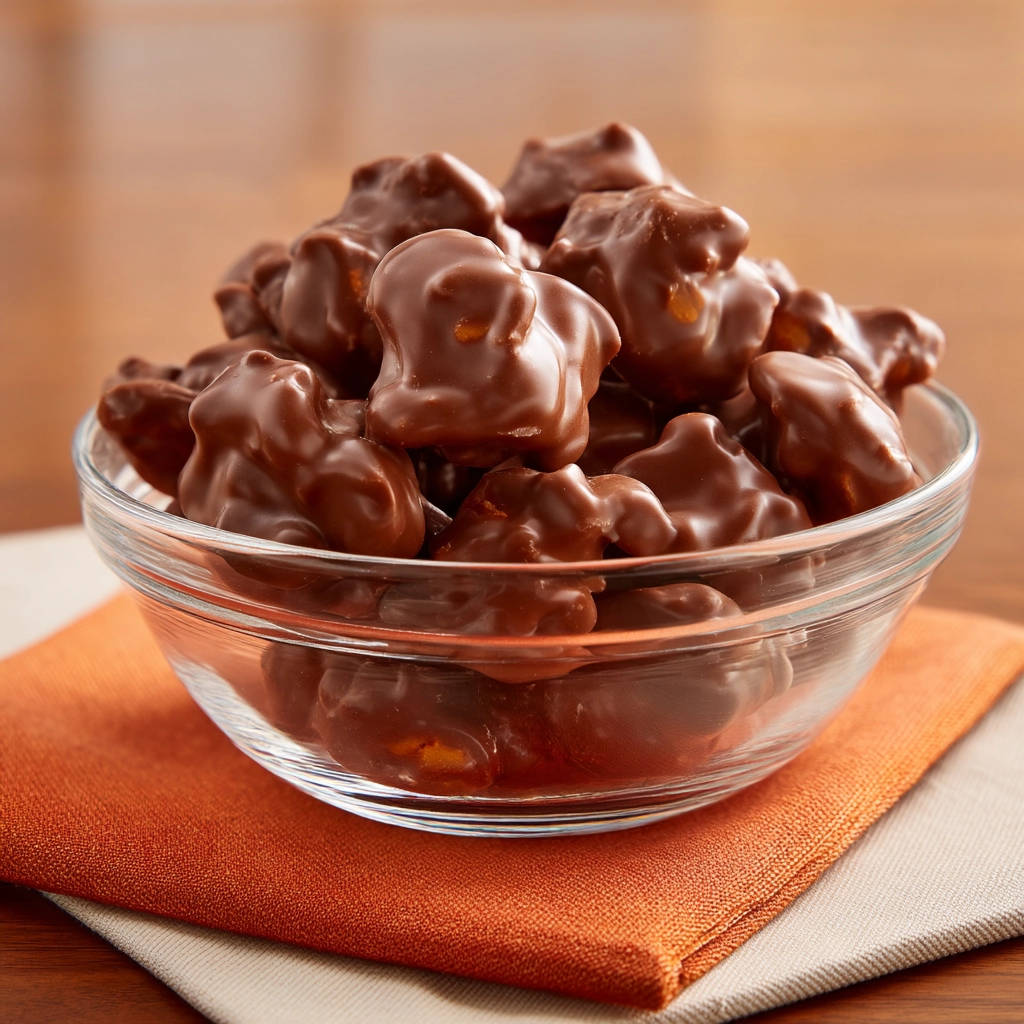 Easy chocolate clusters piled high in a clear glass bowl, showcasing their rich texture.