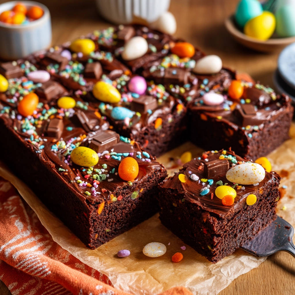 Easy chocolate sheet cake sliced and topped with chocolate chunks, colorful sprinkles, and festive Easter candies.