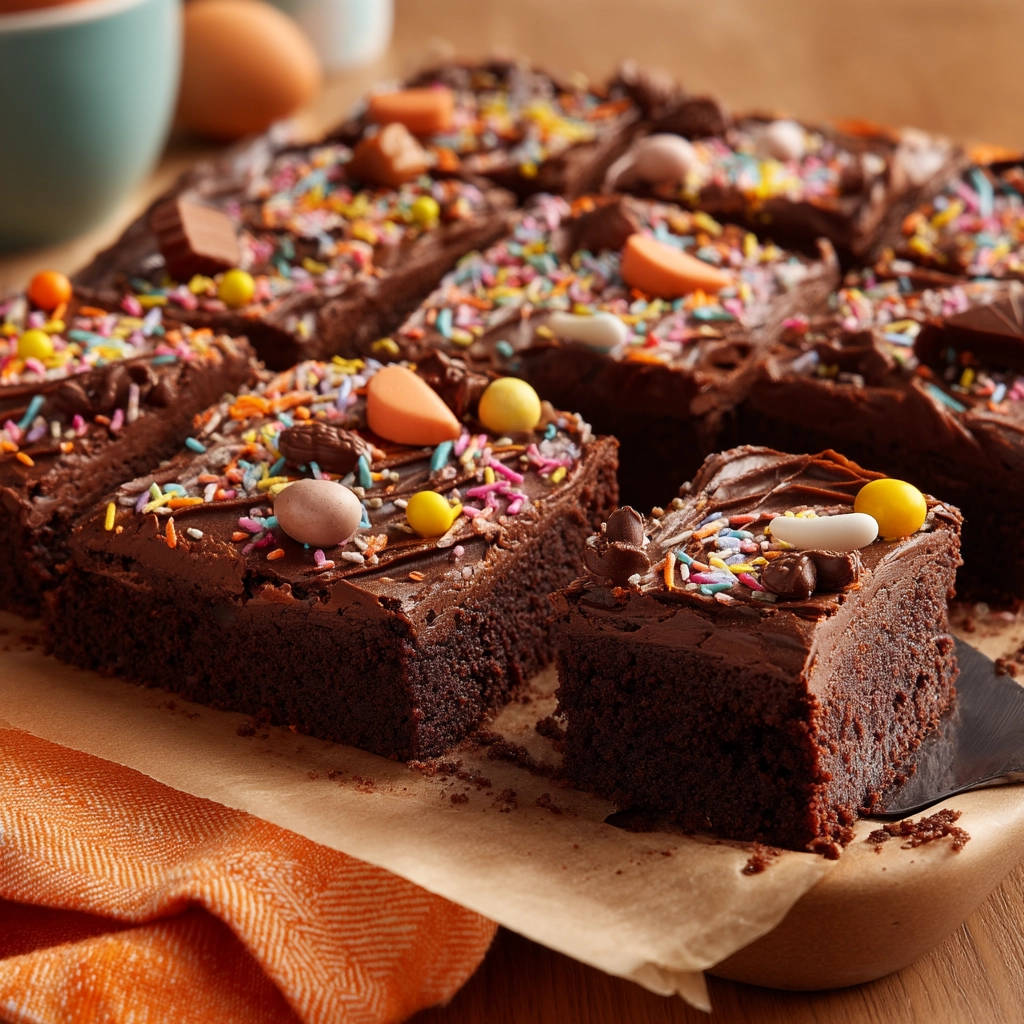 Easy chocolate sheet cake sliced and garnished with colorful sprinkles and candy eggs.