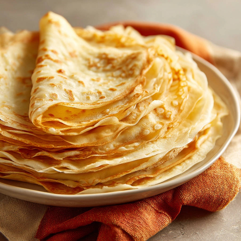 Easy crepes stacked high on a plate, showcasing their delicate, golden-brown texture and thin layers.
