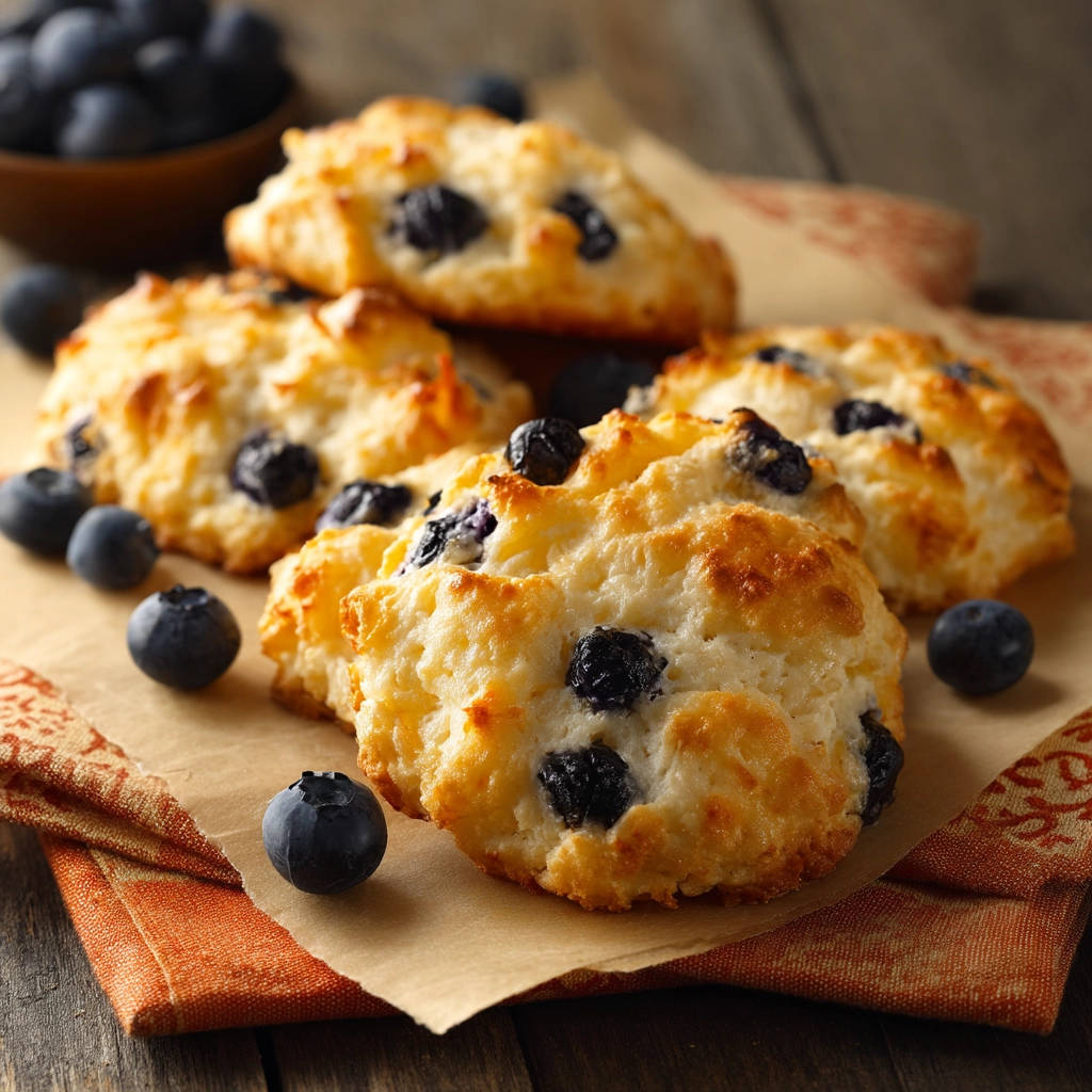 Easy drop blueberry scones piled on parchment paper with fresh blueberries scattered around.