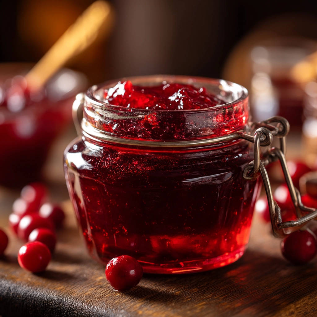 Easy homemade cranberry sauce shown in a close-up view inside a glass jar with fresh cranberries scattered around.