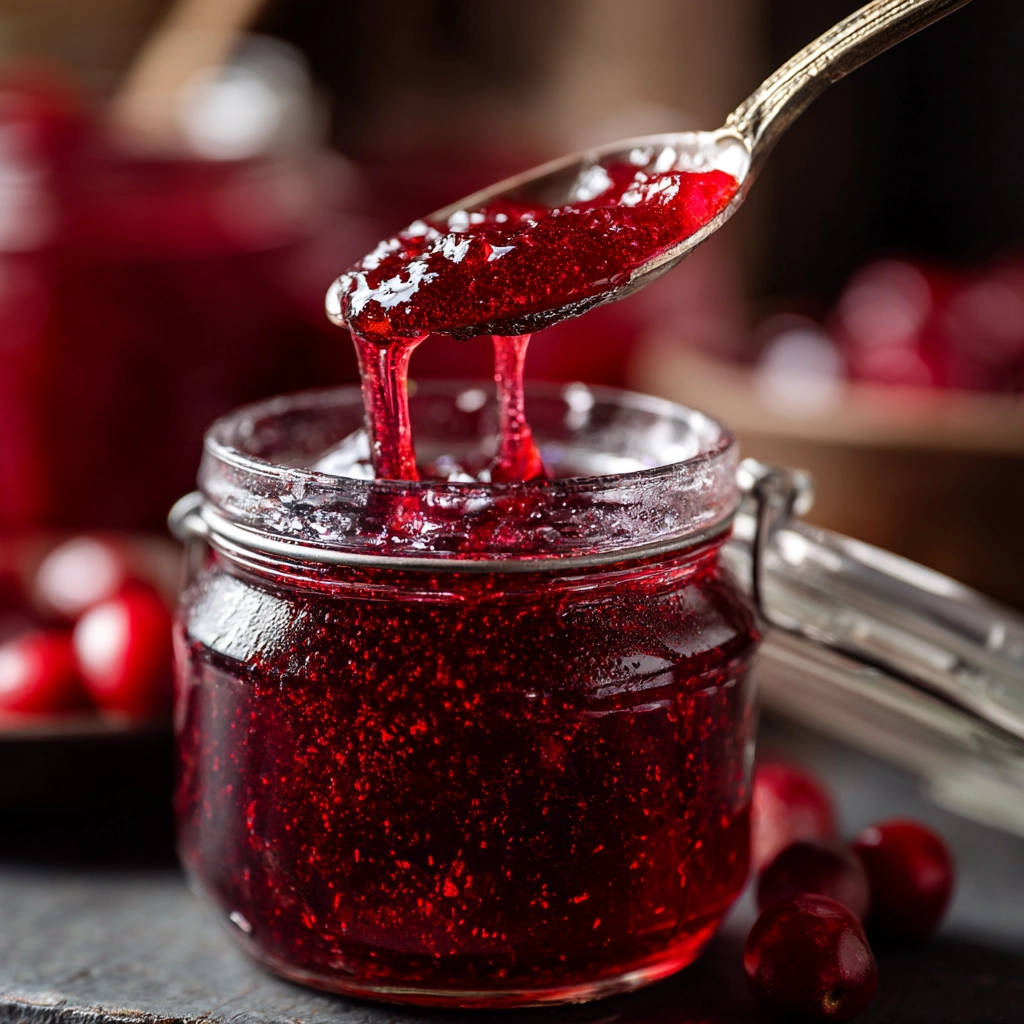 Easy homemade cranberry sauce being scooped from a jar with a spoon, showing its thick, dripping texture.