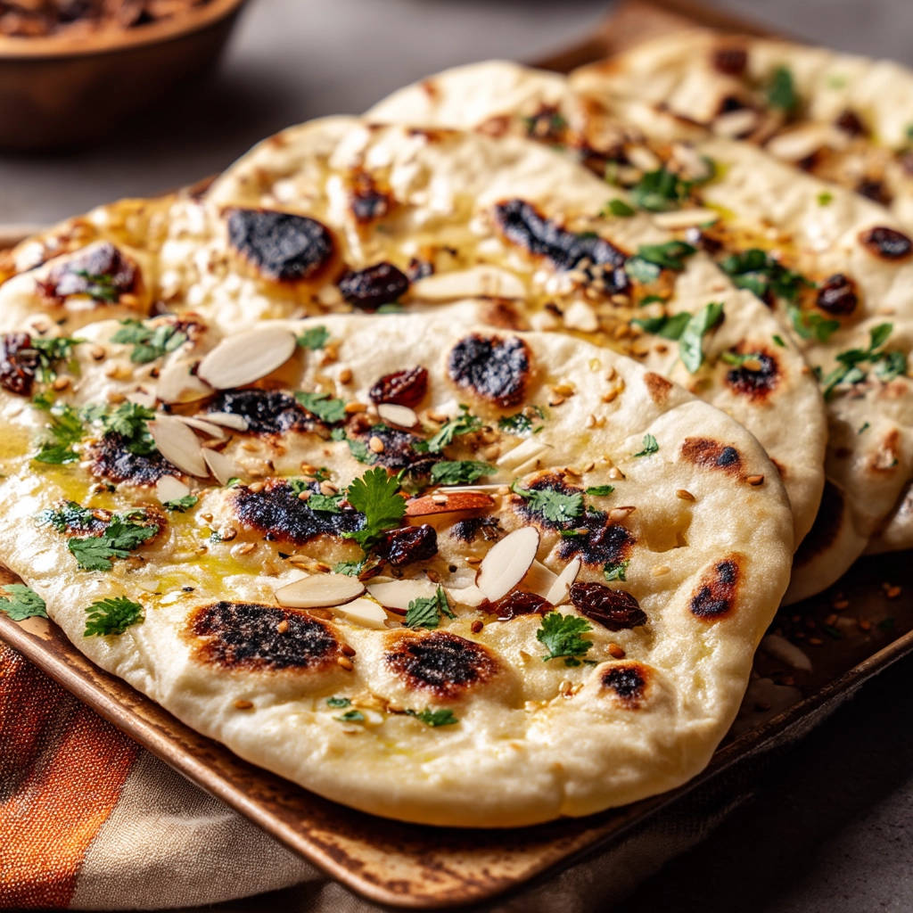 Easy homemade naan topped with almonds, raisins, and fresh cilantro, showing a close-up view of the toppings.