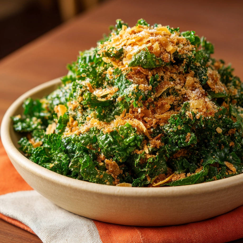 Easy kale salad with a close-up view of the textured topping in a wooden bowl.