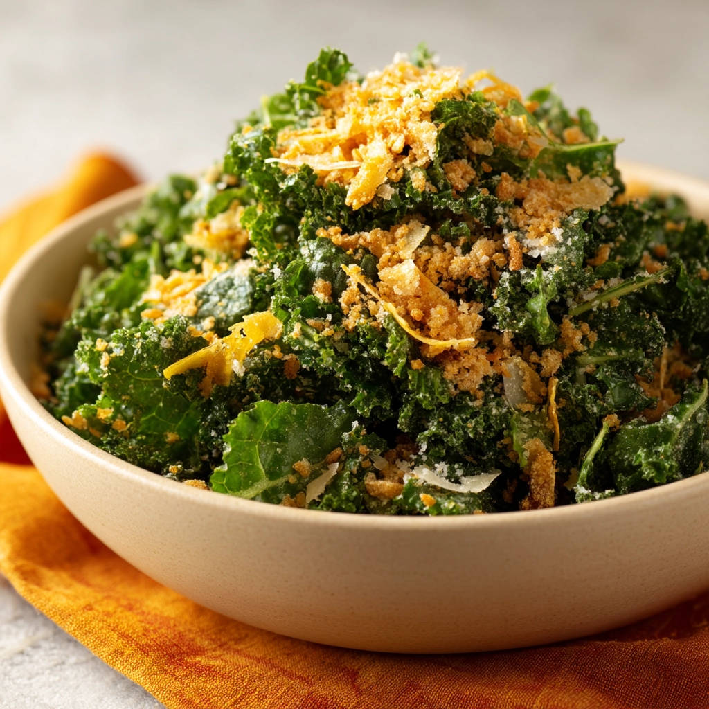 Easy kale salad generously topped with golden breadcrumbs and shaved cheese in a rustic bowl.