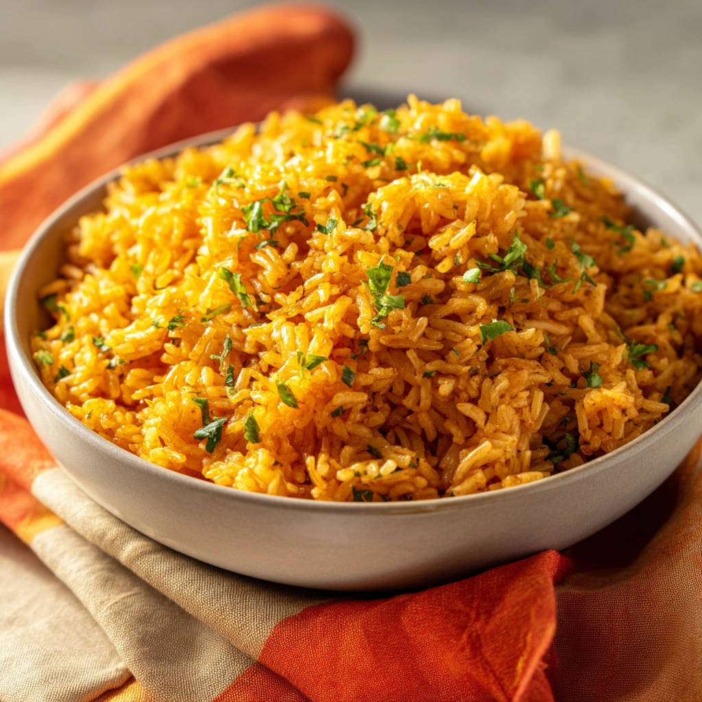 Easy Mexican Rice looks fluffy and is garnished with parsley in a light grey bowl, set on a colorful napkin.