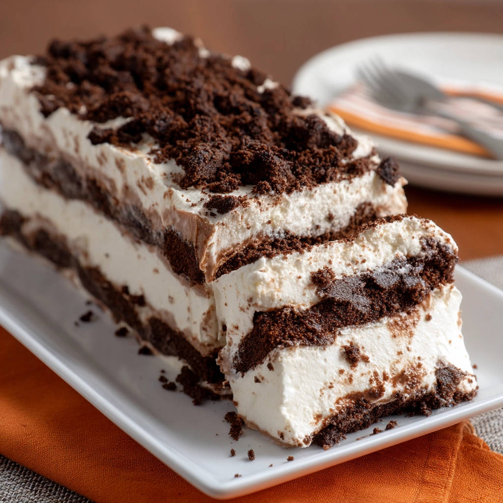 Easy No-Bake Chocolate Cream Loaf shown in a close-up cross-section revealing layers of chocolate cake and cream.