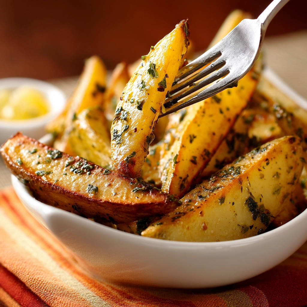 Easy crispy oven potato wedges being lifted from a bowl with a fork, showing herb seasoning.