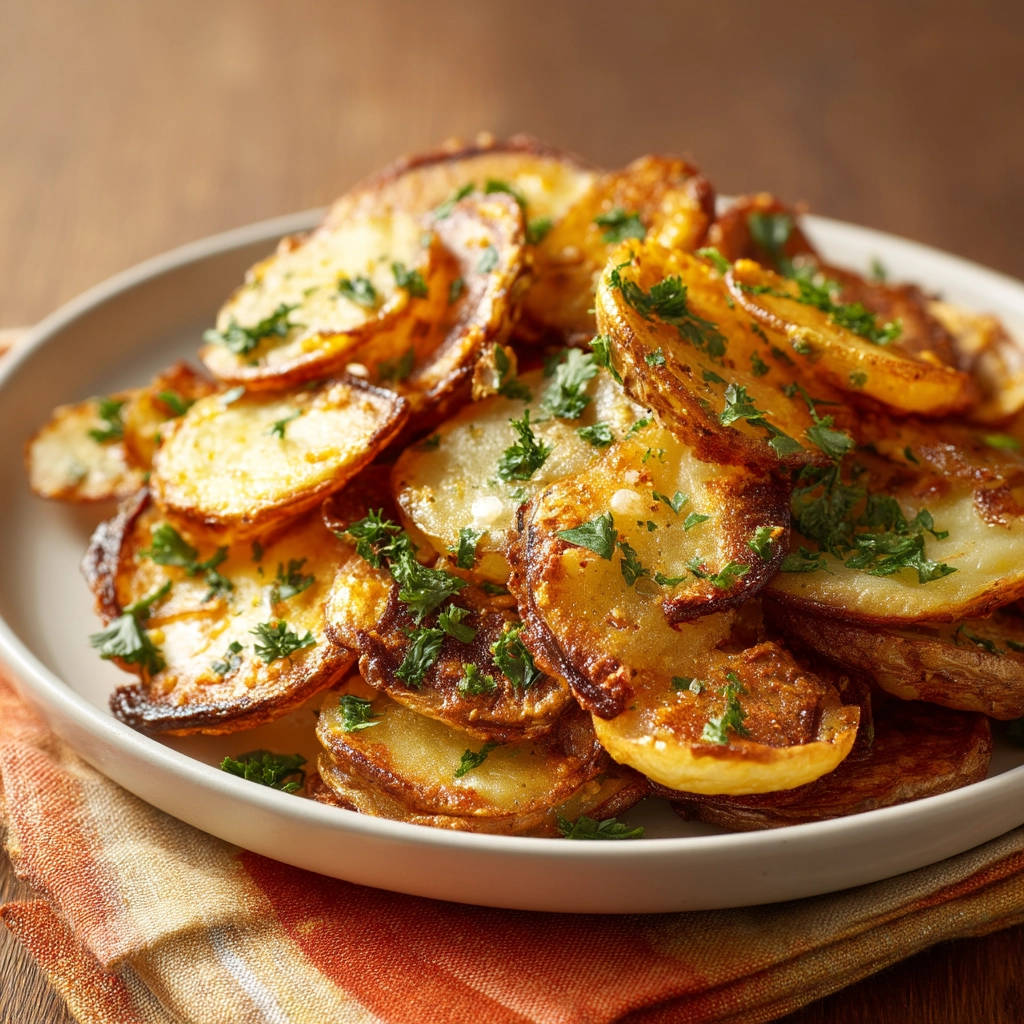 Easy pan-fried potatoes garnished with fresh parsley, shown in a close-up detail shot.