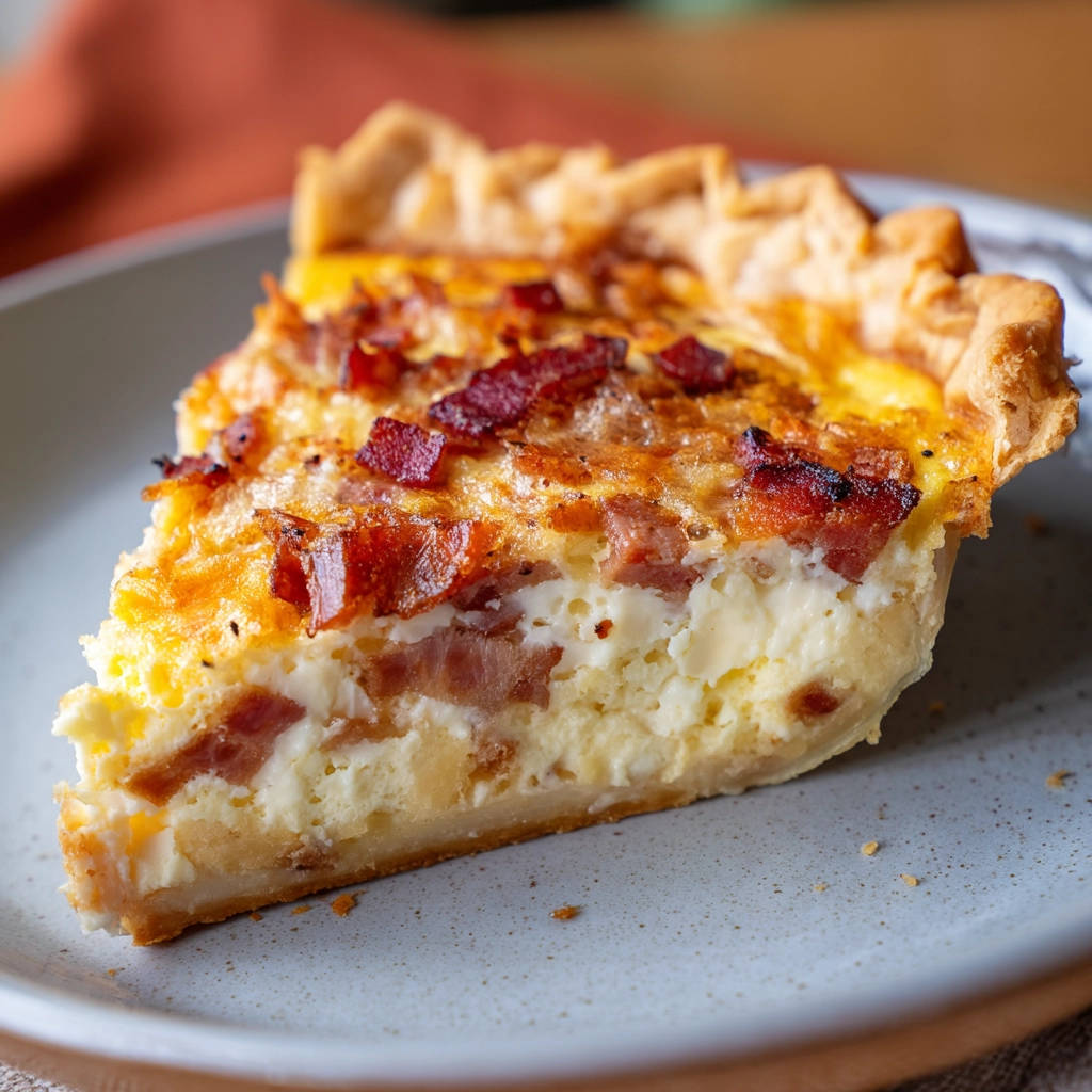Easy quiche recipe showing a close-up cross-section with bacon and a flaky crust.