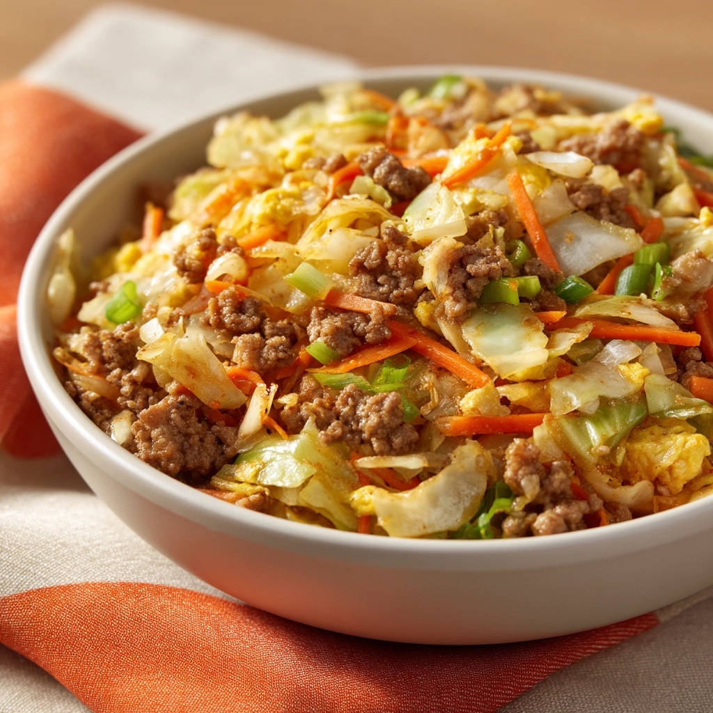 Quick egg roll skillet served in a white bowl, showing ground meat, cabbage, and carrots.