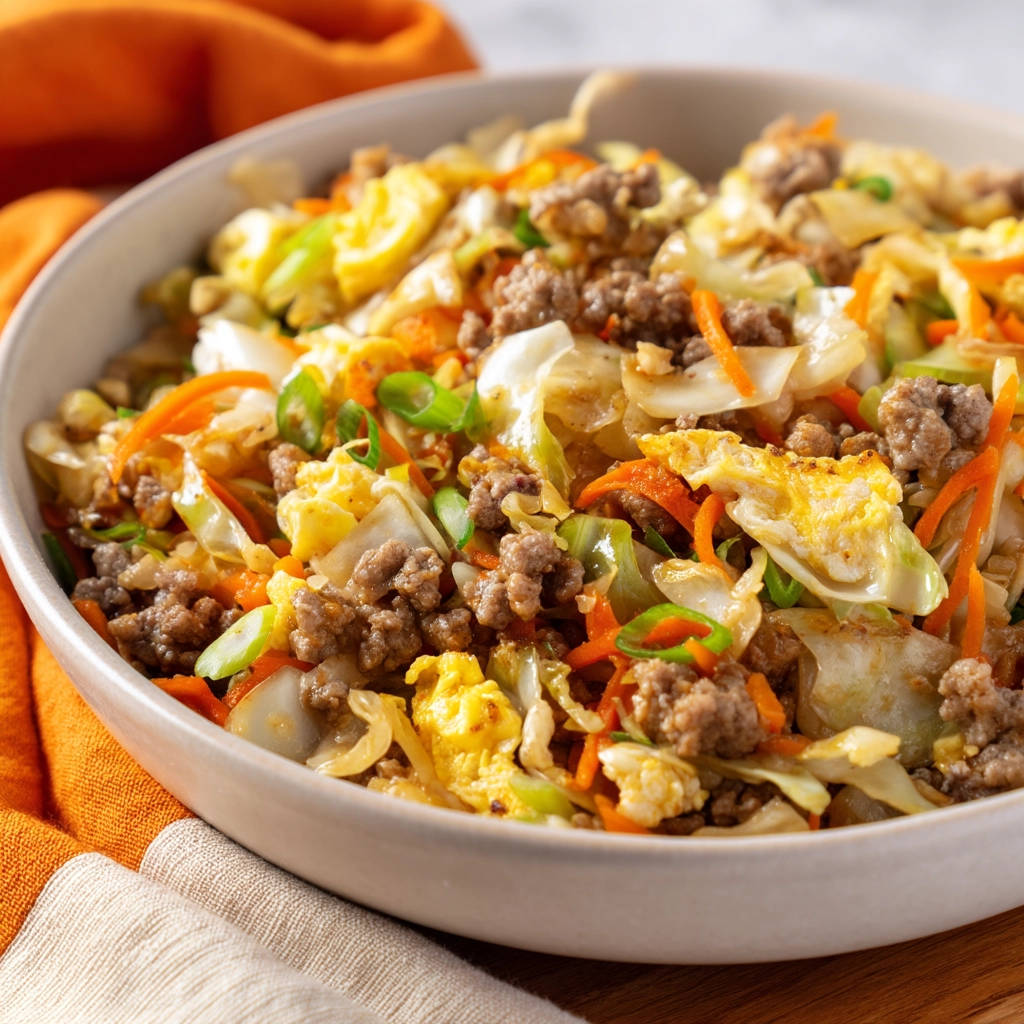 Quick egg roll skillet with ground pork, cabbage, carrots, and scrambled egg served in a bowl.