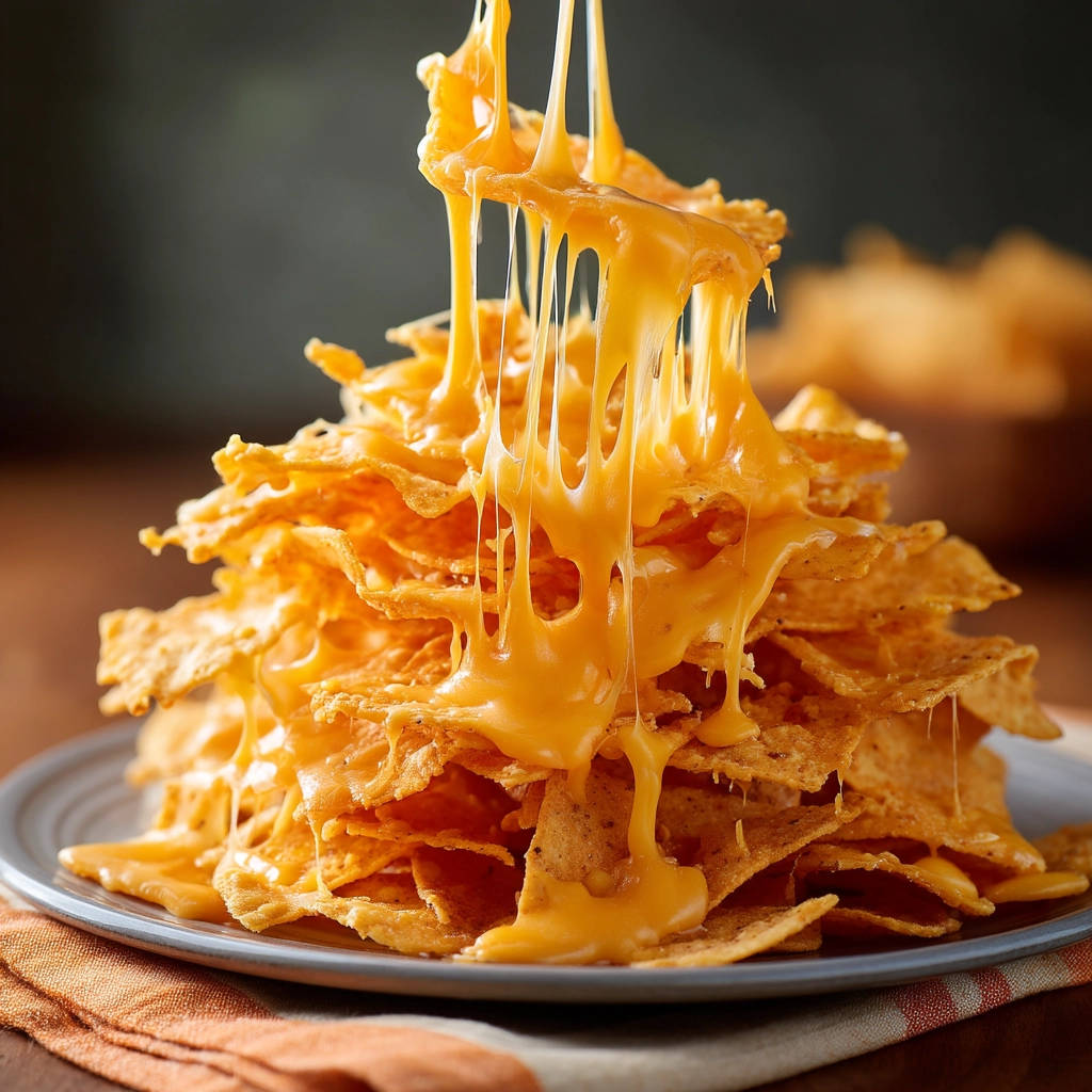 Epic Nacho Cheese Mountain with gooey cheese stretching from a fork in a close-up view.