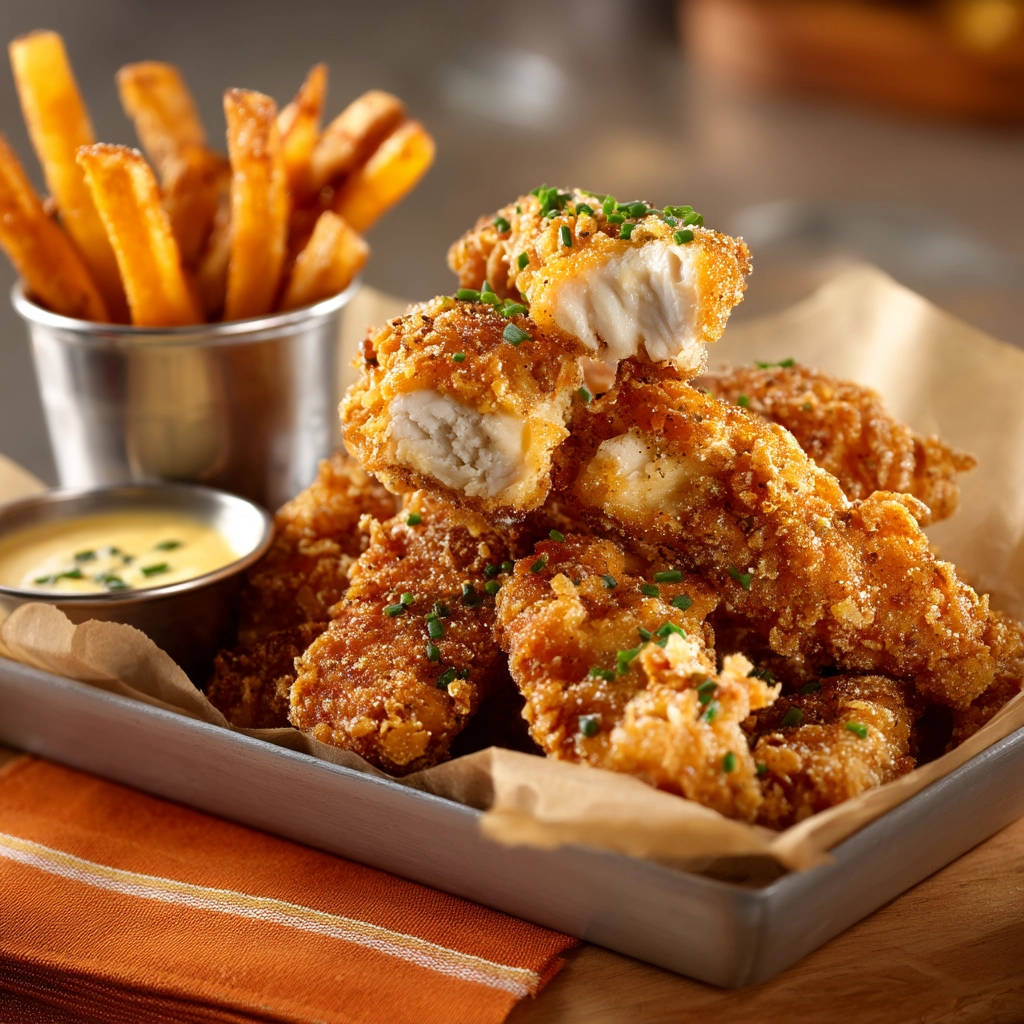 Extra crispy fish tenders with a close-up view of the moist interior cross-section.