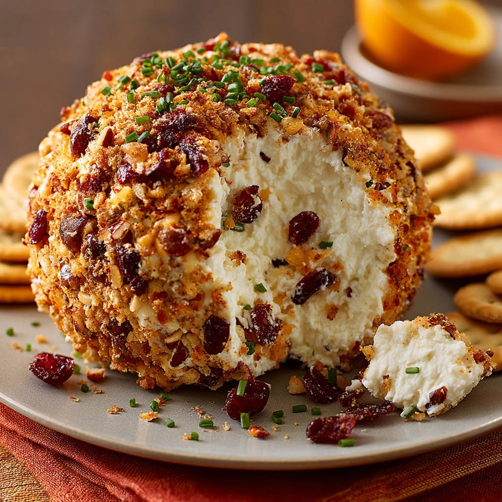 Festive cranberry cheese ball with a bite taken out, showing the creamy interior and nut coating.