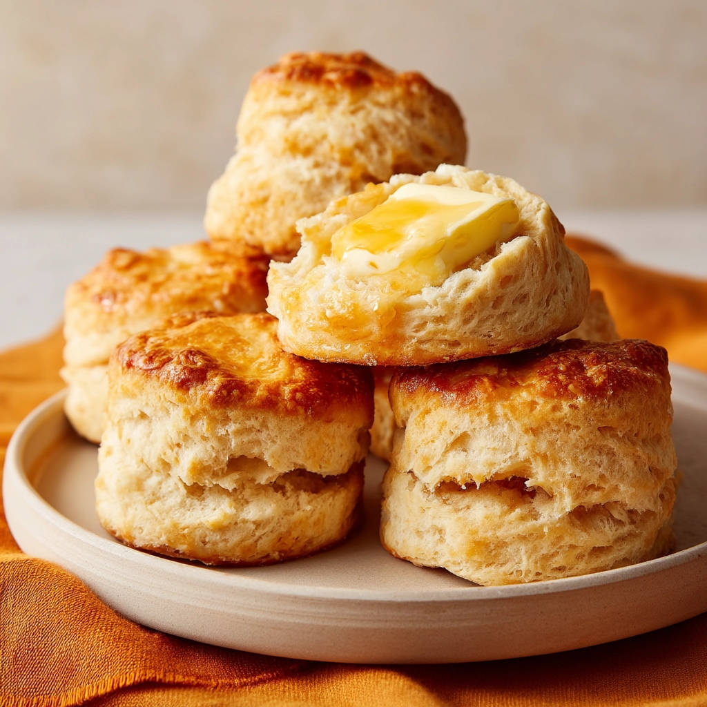 Fluffy homemade biscuits stacked on a plate, with one biscuit topped with melting butter.
