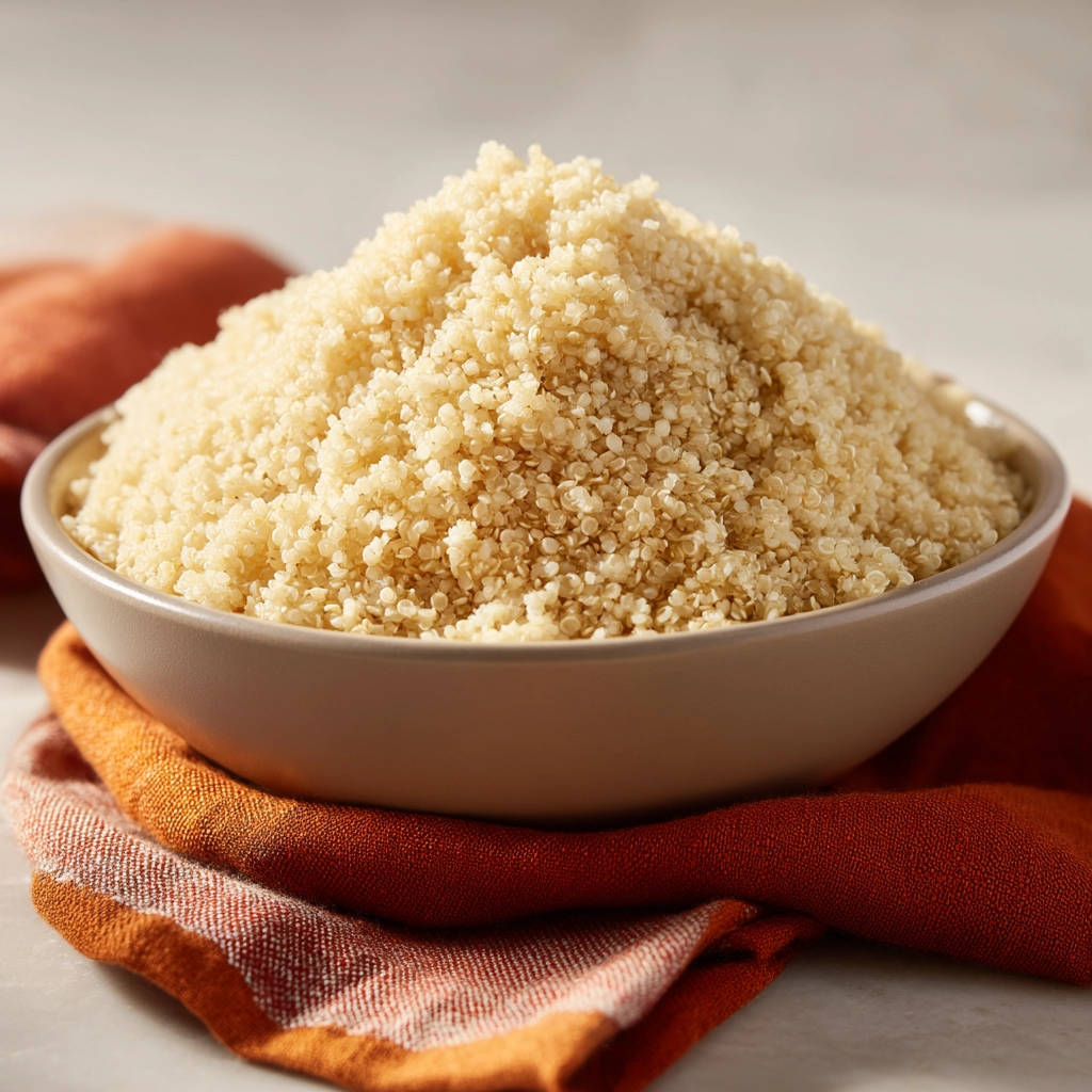 Fluffy quinoa piled high in a light brown bowl, presented from a side view on an orange textured napkin.