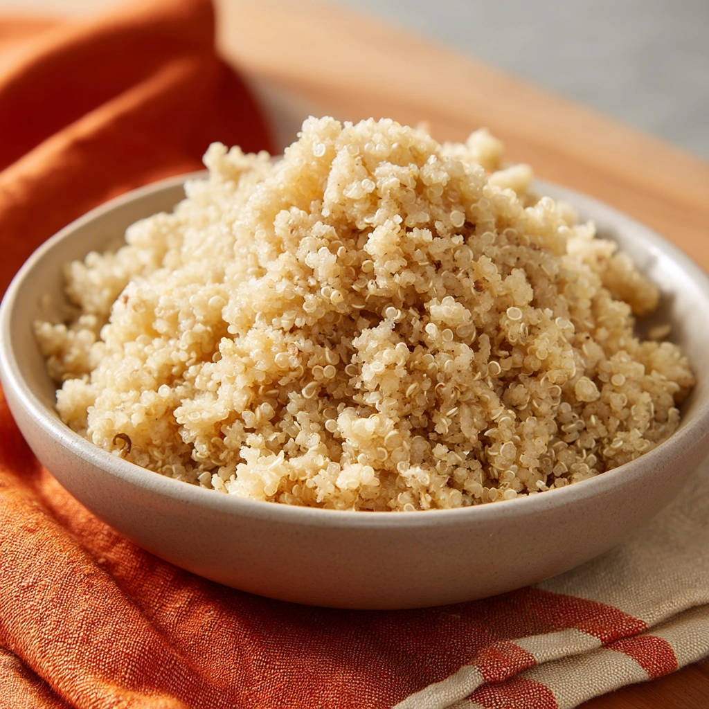 Fluffy quinoa shown in a close-up, detailed view of a full bowl, highlighting its individual grains.