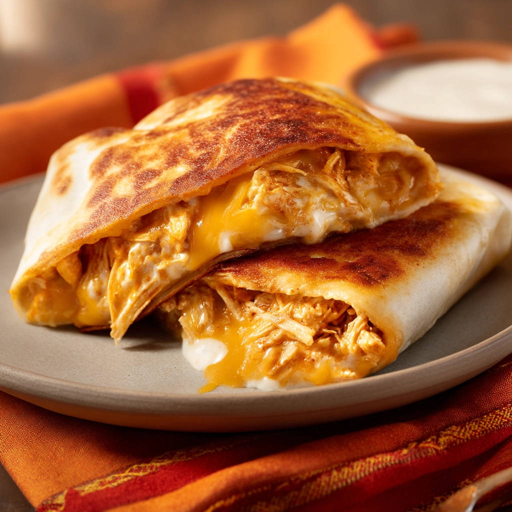 Folded chicken and cheese bites shown in a close-up cross-section, revealing melted cheese and shredded chicken filling.