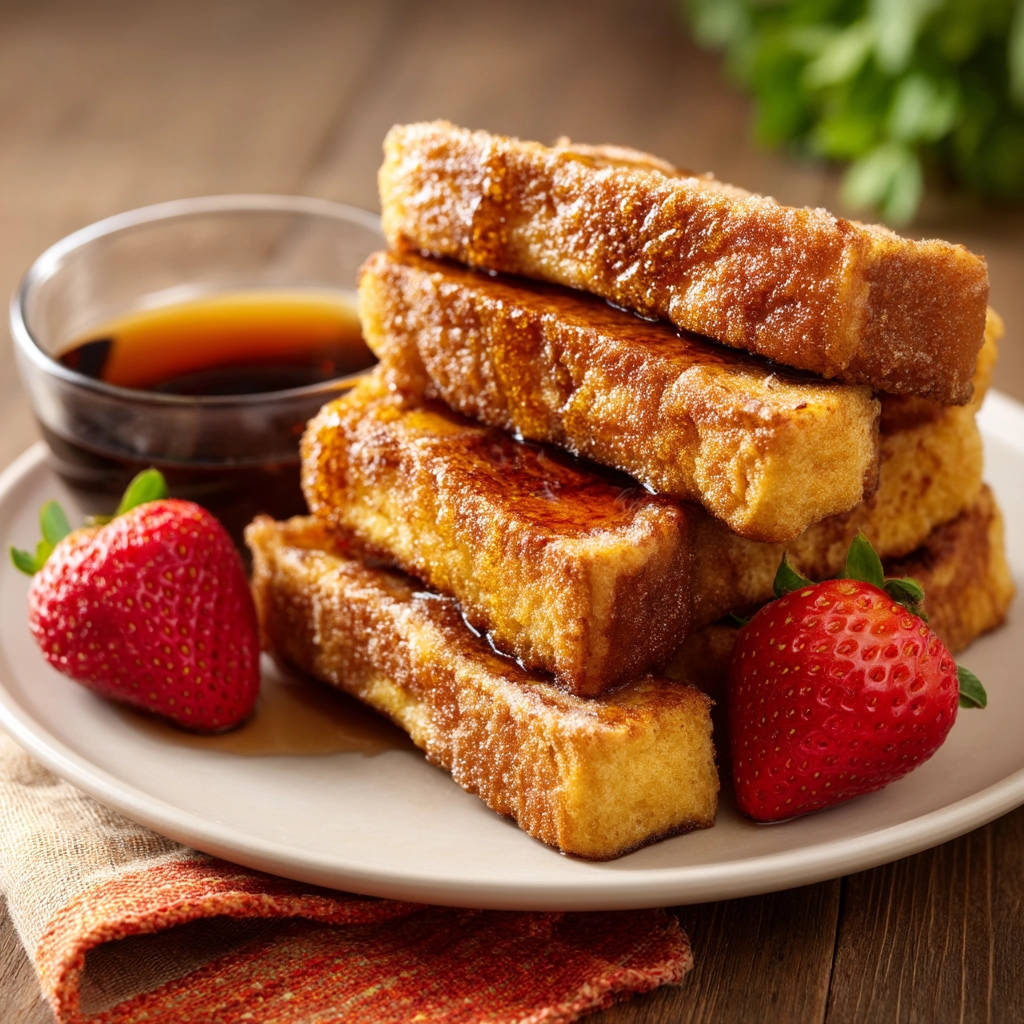 French toast sticks stacked on a plate with fresh strawberries and a side of syrup for dipping.