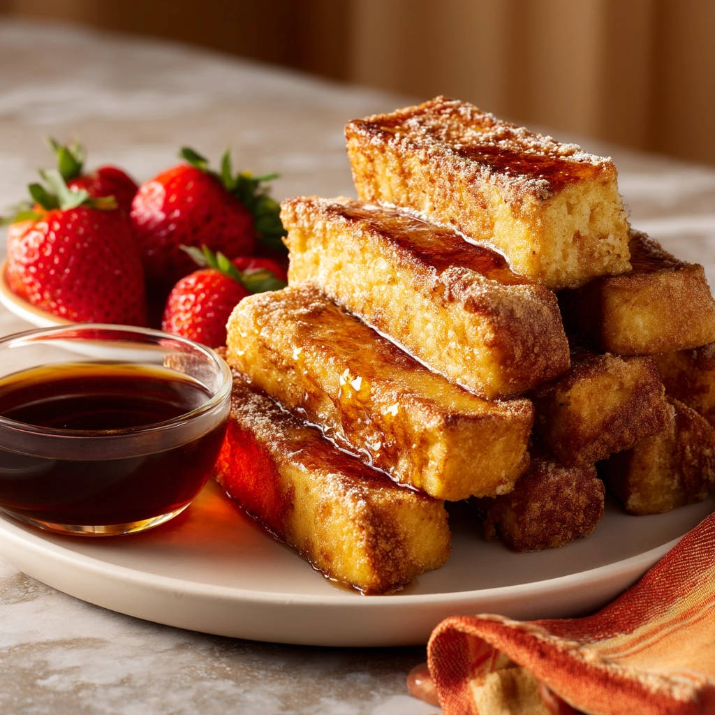 French toast sticks stacked high on a plate with fresh strawberries and a small bowl of syrup.
