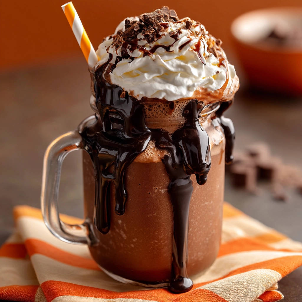 Ultimate frozen chocolate drink in a jar with thick chocolate drizzle and whipped cream topping.