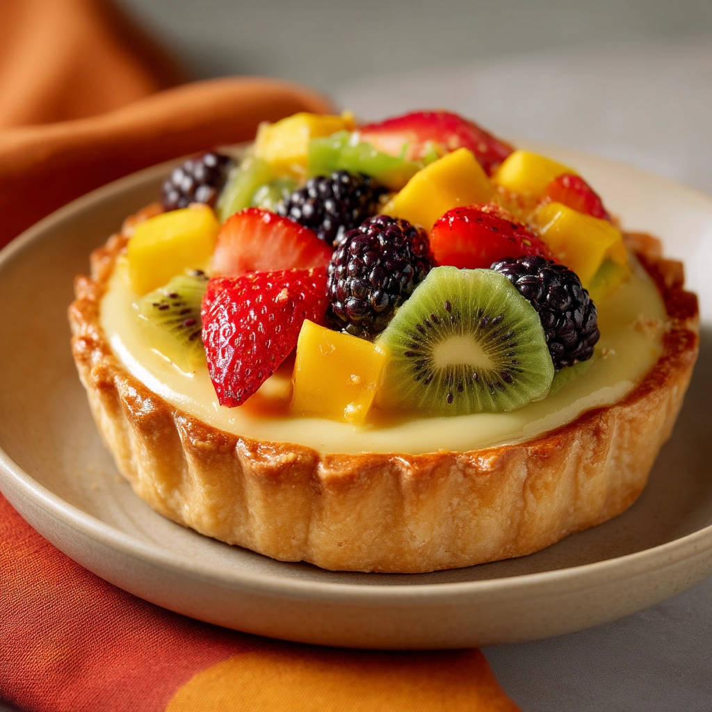 Perfected fruit tart with a close-up view of its vibrant, fresh fruit topping on a creamy custard base.
