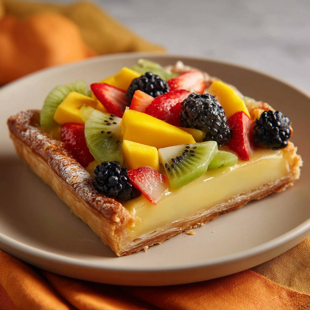 Perfected fruit tart cross-section showcasing creamy custard and fresh berries, kiwi, and mango topping.