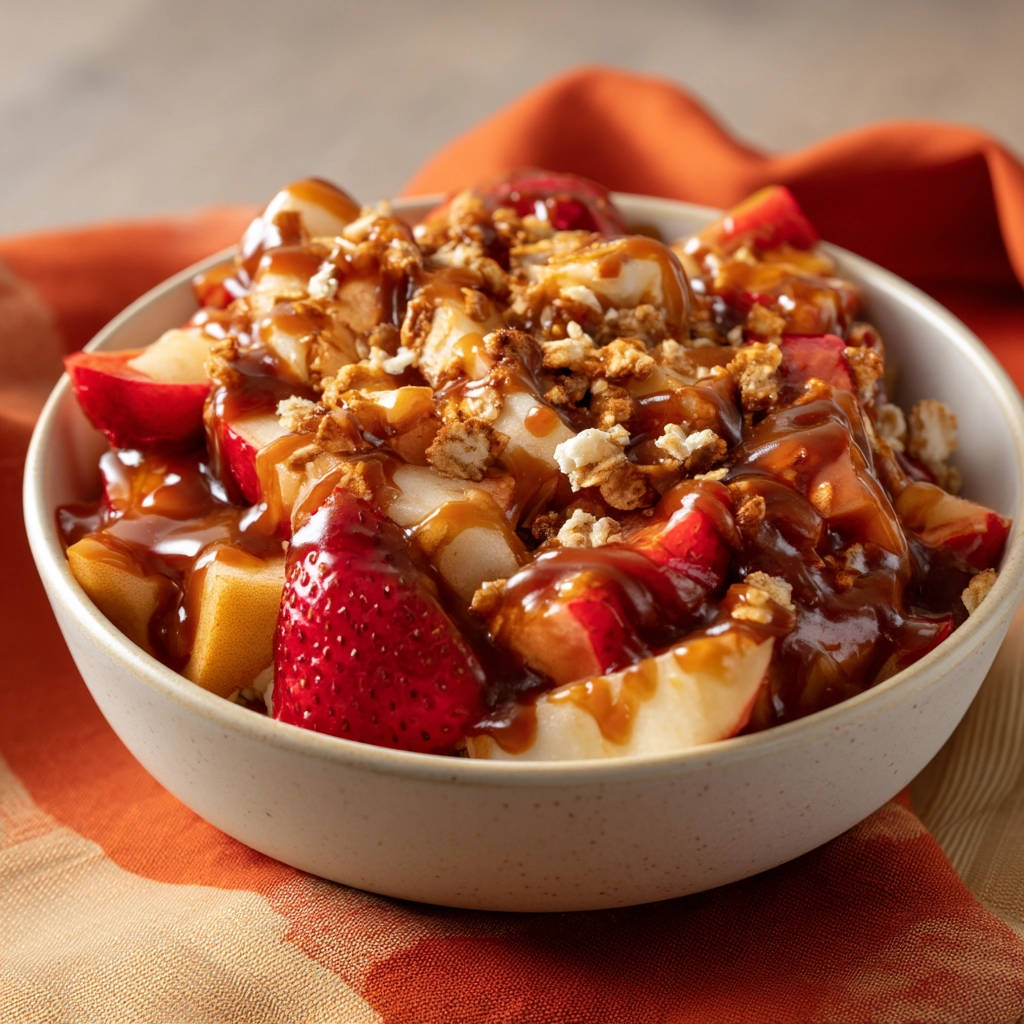 Fruity crumble bowl with strawberries and apples topped with a rich caramel drizzle and granola crumble.