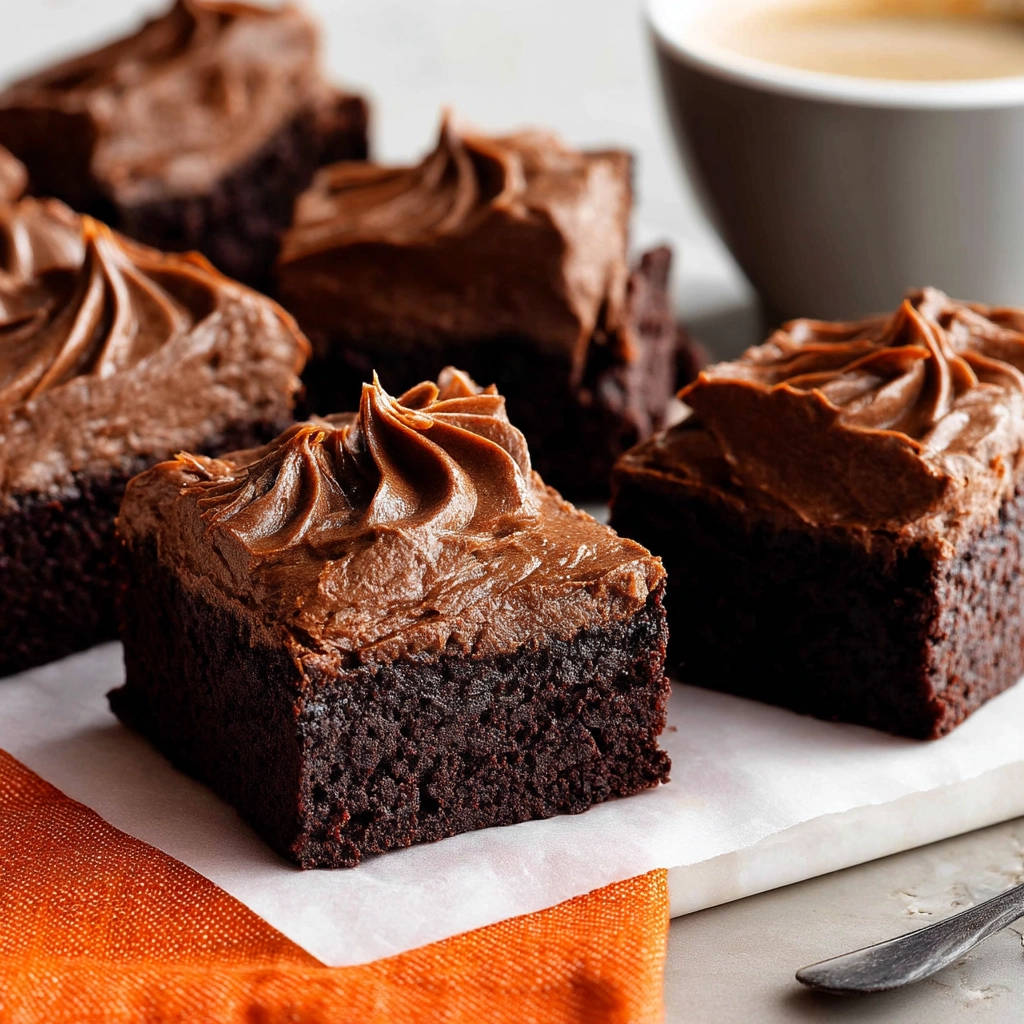 Fudgy brownies with rich chocolate frosting are shown in a close-up view, highlighting their texture and topping.