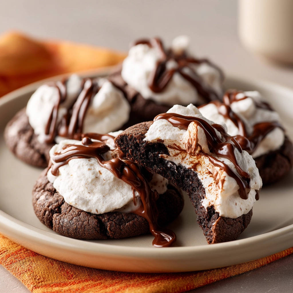 Fudgy chocolate marshmallow cookies cross-section showing gooey marshmallow center and rich chocolate cookie base.