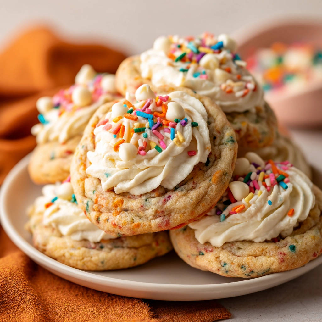 Funfetti frosted cookies, a close-up view of several frosted cookies piled on a white plate and garnished with sprinkles.