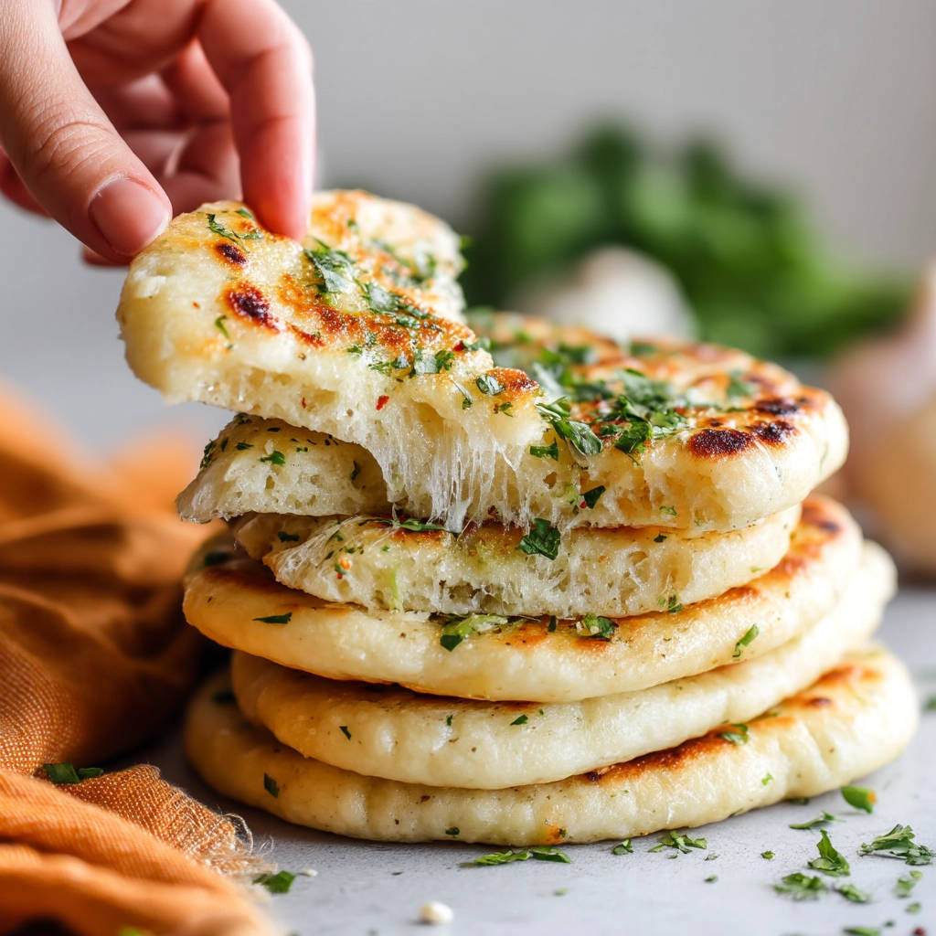 Garlic naan bread showing a fluffy interior cross-section with fresh parsley and chili flakes.