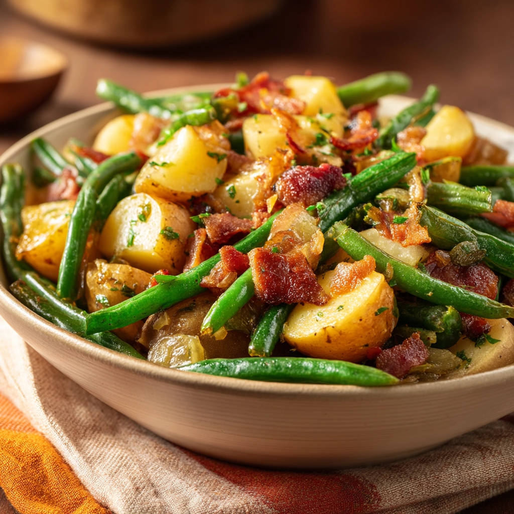 German potato salad served in a rustic bowl, featuring tender potatoes, crisp green beans, and savory bacon crumbles.