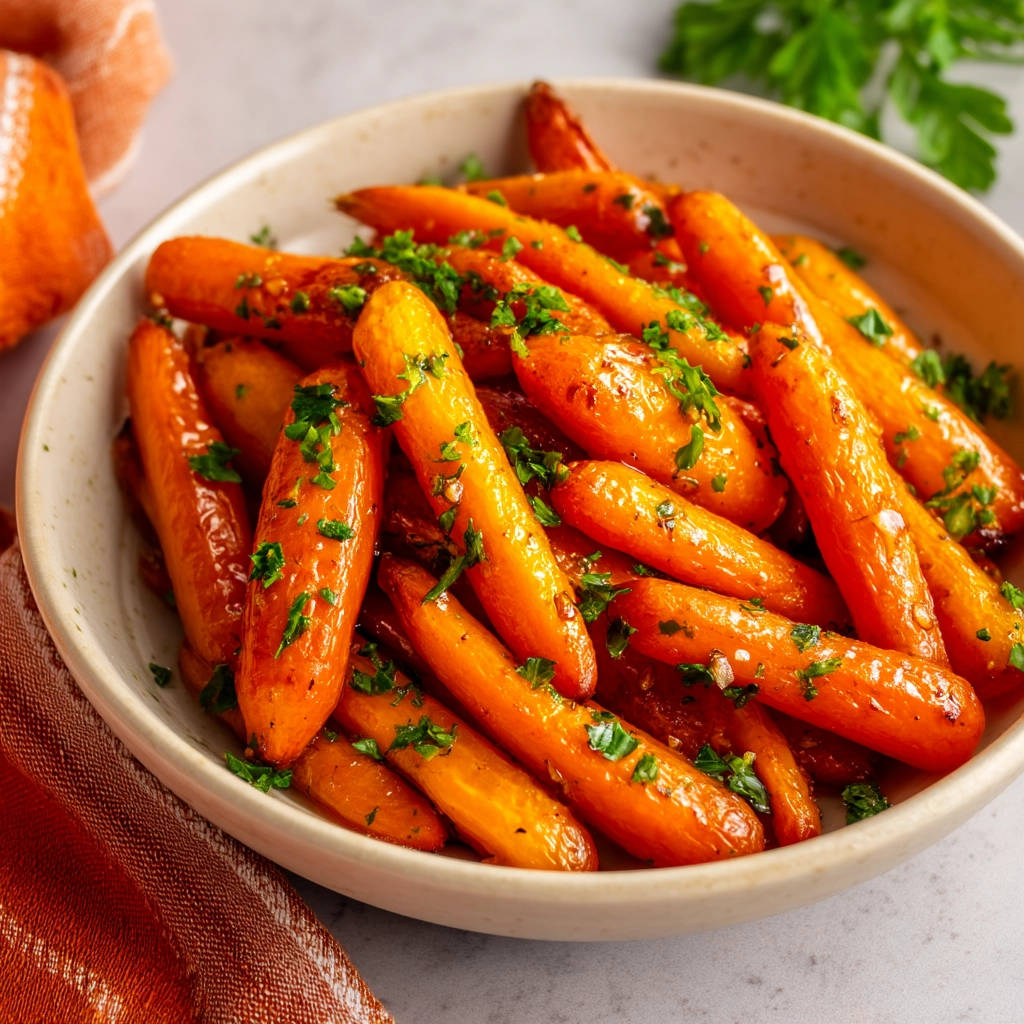 Glazed carrots are served in a bowl, garnished with fresh parsley, with a textured orange napkin to the side.