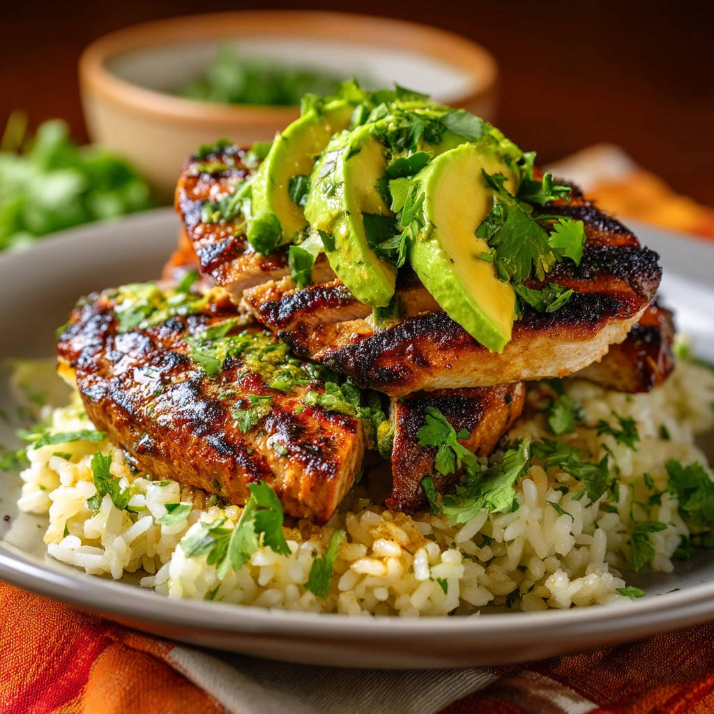 Glazed chicken and cilantro rice topped with sliced avocado and fresh cilantro garnish.
